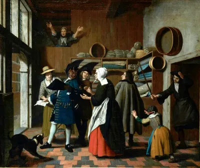 The devil as a tax-collector, being expelled from a store