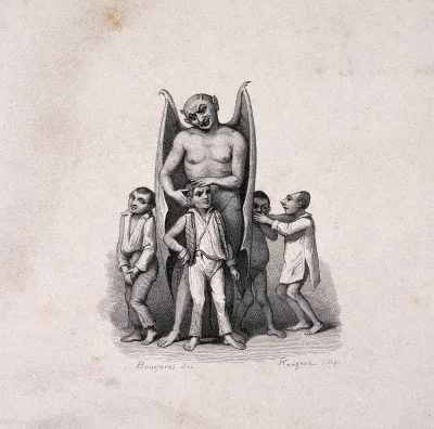 The devil examining the head of a boy; three other boys lurk under the devil's wings; frontispiece to a manual on phrenology
