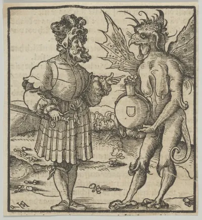 The Devil Offering Poison to a Knight, from Hymmelwagen auff dem, wer wol lebt...