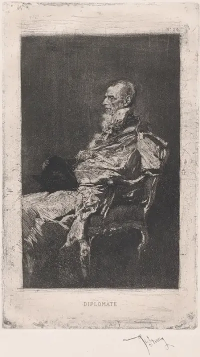 The Diplomat, man seated holding hat facing left