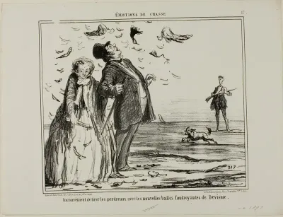 The disadvantage of shooting at young partridges with the new explosive bullets of Devisme, plate 17 from Émotions De Chasse