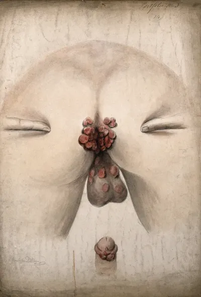 The diseased anus and scrotum of a man, as seen from behind, with two fingers on the buttocks to hold them apart; and a detail of a diseased penis