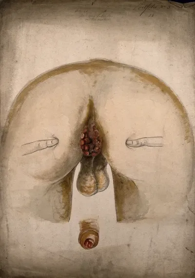 The diseased anus of a man, as seen from behind, with two fingers on each buttock to hold them apart; and a detail of a diseased penis