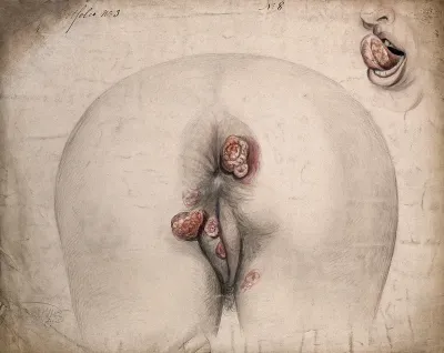 The diseased tissue around the anus and genitals of a woman, as seen from behind; and a detail of a diseased tongue