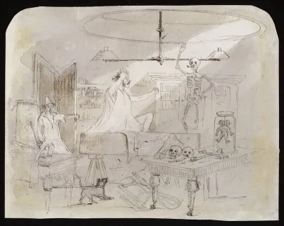 The dissecting room of an anatomist, with a man thought to be dead waking up and sitting up in his coffin