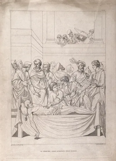 The dissection of the body of a miser in the presence of St Anthony of Padua: the miser's heart is found not in his body, but in a casket with his money