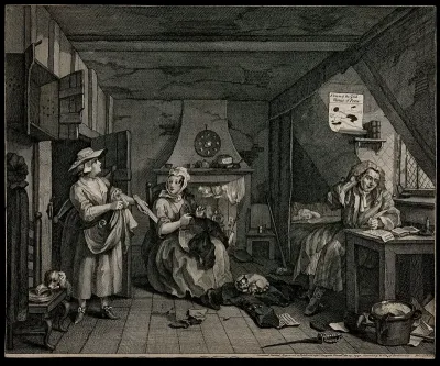 The distressed poet is visited in his abode by an angry milkmaid collecting outstanding money