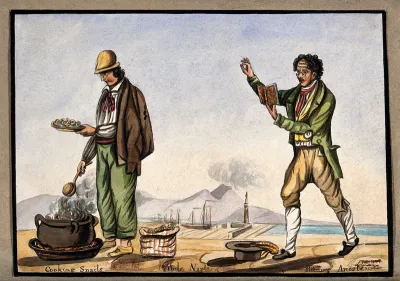 The dockside in Naples: a man is cooking snails in a pot over an open fire, while another man reads aloud from a book by Ariosto