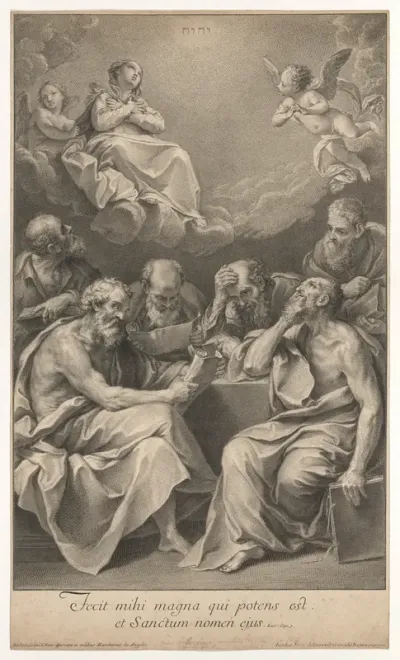 The doctors of the church consulting books and documents and contemplating the Virgin who is shown above in heaven, flanked by angels