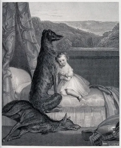 The dog Gelert guards the daughter of Prince Llewellyn after saving her from the attack of a wolf