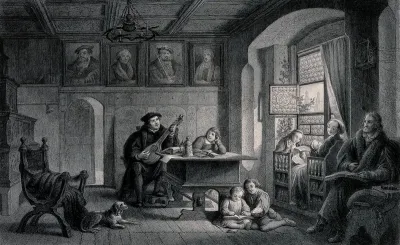 The domestic life of Martin Luther at Wittenberg: Luther plays the lute, his wife and children listen, along with Melanchthon