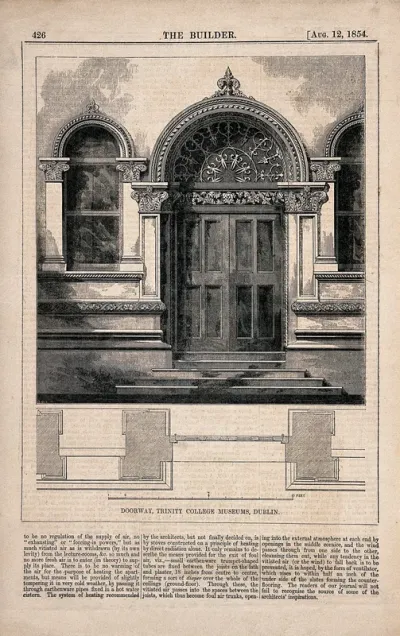 The doorway of Trinity College Museums with printed text and floor plans, Dublin, Ireland