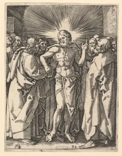The Doubting Thomas; Christ among his disciples, Saint Thomas touching Christ's wound, from "The Passion of Christ", after Dürer