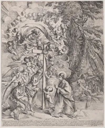The dream of St Joseph, who is sleeping at the right, the Virgin and Child by a cross surrounded by angels and many putti and with God the Father above