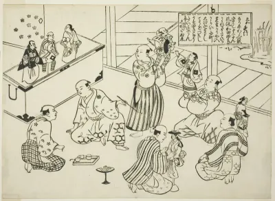 The Dressing Room of a Puppet Theater, the table of contents from the series "Famous Scenes from Japanese Puppet Plays (Yamato irotake)"