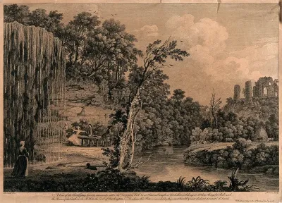 The Dropping Well, Knaresborough, Yorkshire: the waters, three visitors attended by two servants in the foreground, and the ruins of Knaresborough Castle in the background