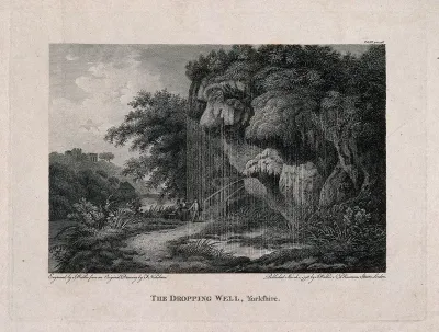 The Dropping Well, Knaresborough, Yorkshire: with the ruins of Knaresborough Castle, and three visitors admiring the well
