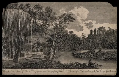 The Dropping Well, Knaresborough, Yorkshire, with the ruins of Knaresborough Castle