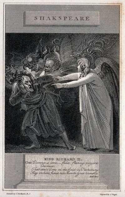 The Duke of Clarence is assailed by demons and taunted by a blood-soaked angel in a dream; an episode in Shakespeare's 'Richard III'