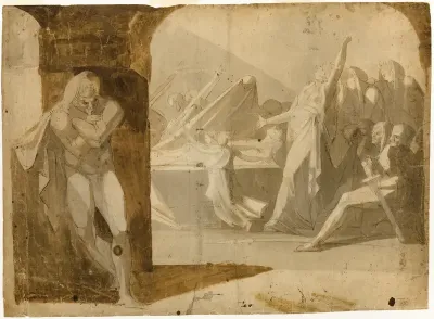 The Duke of Gloucester Lying in Wait for Lady Anne at the Funeral Procession of Her Father-in-law, King Henry VI (recto); Standing Male Nude, Leaning Forward (verso)