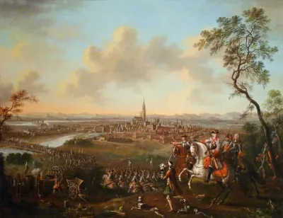 The Duke of Lorraine and escort return to the Rhine in front of Strasbourg