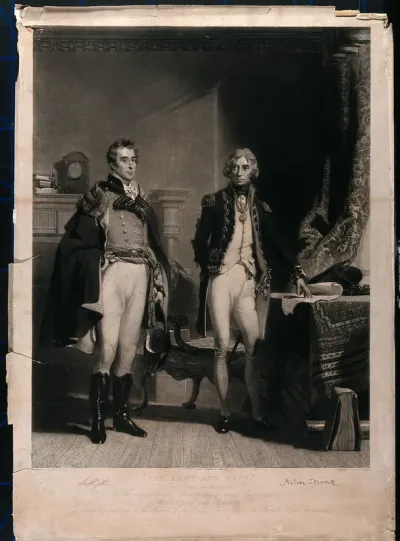 The Duke of Wellington and Lord Nelson standing in a room by a table; Nelson pointing at a map of Southern Europe