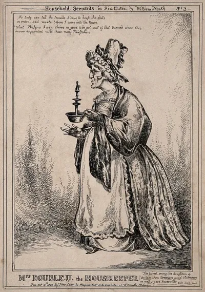 The Duke of Wellington as an old woman wearing a bonnet and carrying a candle stick and snuffer