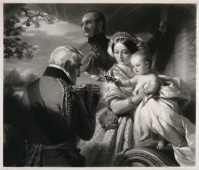 The Duke of Wellington is presenting a birthday casket to his godson Prince Arthur (later Duke of Connaught) in the presence of Queen Victoria and Prince Albert