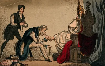 The Duke of Wellington kisses the toe of the Pope, while Roobert Peel holds a rosary; representing Catholic Emancipation