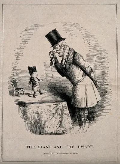 The Duke of Wellington observing the French premier Adolphe Thiers, who is represented as the dwarf General Tom Thumb (?) Lithograph by J