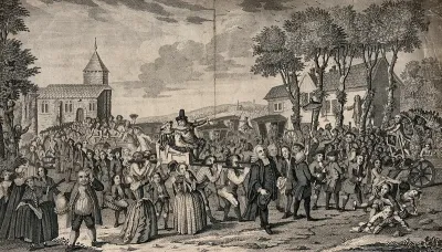 The Dunmow Flitch: a procession of people follow the winning couple who are being carried in a chair on the shoulders of four men while others walk in front carrying a piece of bacon on a stick