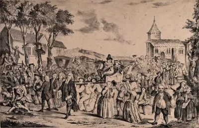 The Dunmow Flitch: the winning couple are carried through the crowded street in a litter, preceded by a person holding the flitch aloft on the end of a stick