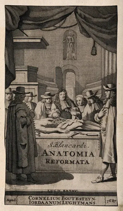 The Dutch anatomist Steven Blankaart (1650-1704) performing a dissection in an anatomy theatre, with seven observers