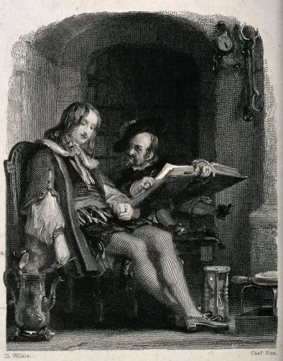 The dwarf Jeffrey Hudson sits on a table reading a large book to Julian Peveril