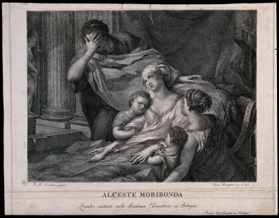 The dying Alcestis is surrounded by her family