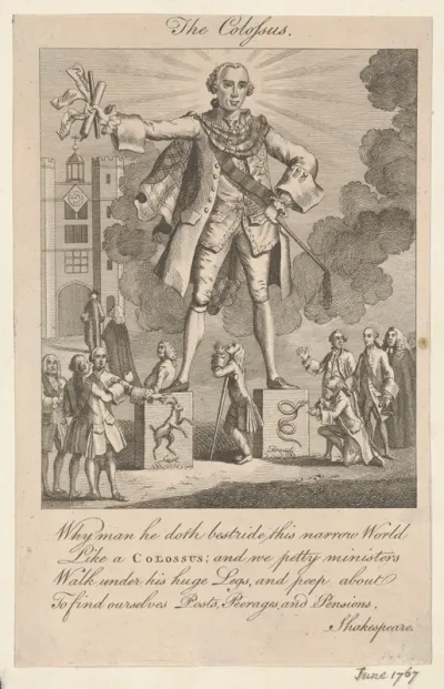 The Earl of Bute as a Colossus wearing a tartan scarf about his shoulders stands on two stone pedestals before the tower to St James's Palace as William Pitt the Elder, leaning on a crutch, pleads with him from below