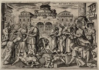 The early Christian community placing all property at the apostles' feet