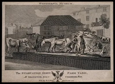 The eccentric Baron D'Aguilar and friend amidst his starving livestock