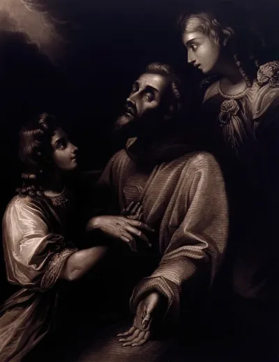 The ecstasy of Saint Francis of Assisi; two angels next to him