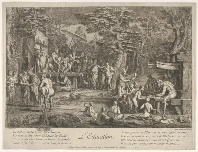 The Education (L'Education): in a forest, to right an old satyr instructor holding a wand, teaching a group of children, to the left a merchant of orvietan trying to attract spectators with his act, from "The lives of satyrs" (La vie des satyres)