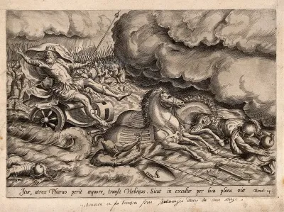 The Egyptians are drowned as Moses parts the waves