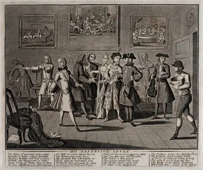 The elaborately dressed rake holds a purse as a man presents him with an invoice; a lace-seller, a fencing master, a violin player, a cocker and a jockey represent the services and pursuits he is engaged in