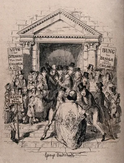 The election of a parish beadle in England: crowds thronging the entrance to the polling station, including supporters of the rival candidates, Spruggins and Bung, who expect to be elected according to the large number of their dependents