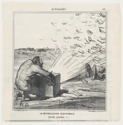 The electoral machine gun. What a strewing of flowers., from 'News of the day,' published in Le Charivari, May 11, 1869
