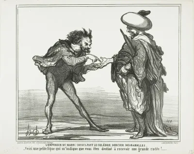 The Emperor of Morocco in Consultation With the Famous Magician Desbarolles. “- This small line here indicates to me that you are going to get a royal thrashing!,” plate 126 from Actualités