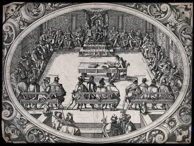 The emperor of the Holy Roman Empire in council with kings, dukes, earls and others