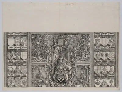 The Emperor Seated on His Throne, Seated Between Joanna of Castile and Mary of Burgundy, Above Are Twenty-two Winged Victories; with Coats of Arms of Maximilian's Noble Relatives, from the Arch of Honor, proof, dated 1515, printed 1517-18