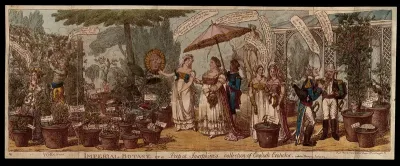 The Empress Josephine walking with her retinue in a garden of labelled potted plants which include animated likenesses of prominent figures