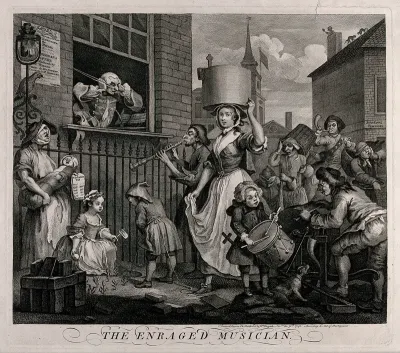 The enraged musician: a street crowd with a ballad singer is creating such a noise that the musician in the window has to put his hands over his ears