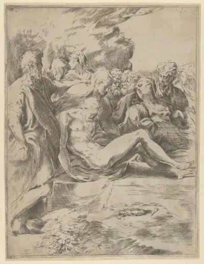 The Entombment; Christ with legs outstretched, the Virgin at right